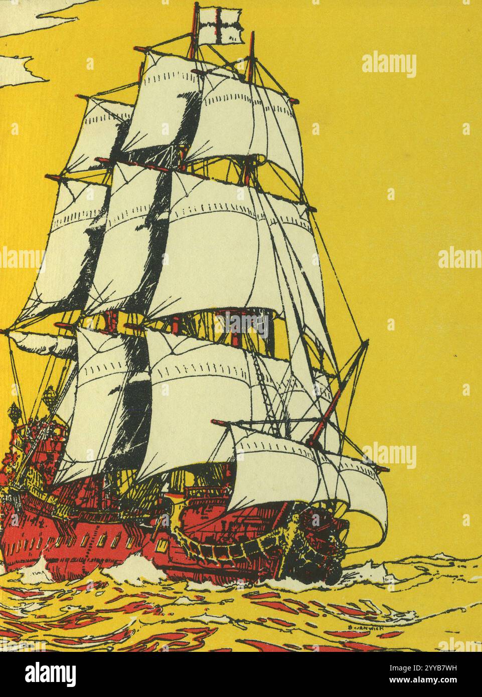 illustration colorée d'un voilier en haute mer Banque D'Images