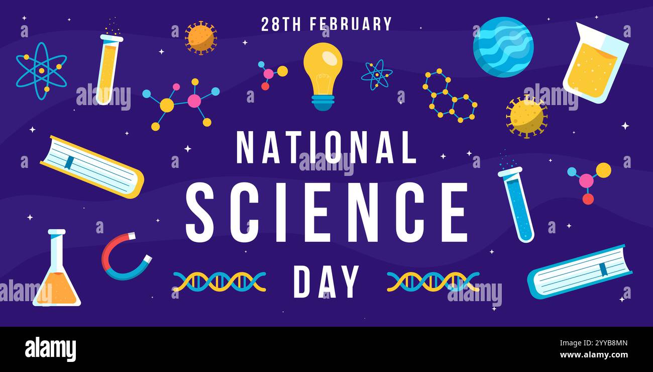 illustration de bannière horizontale de la journée nationale des sciences dans un style plat Illustration de Vecteur