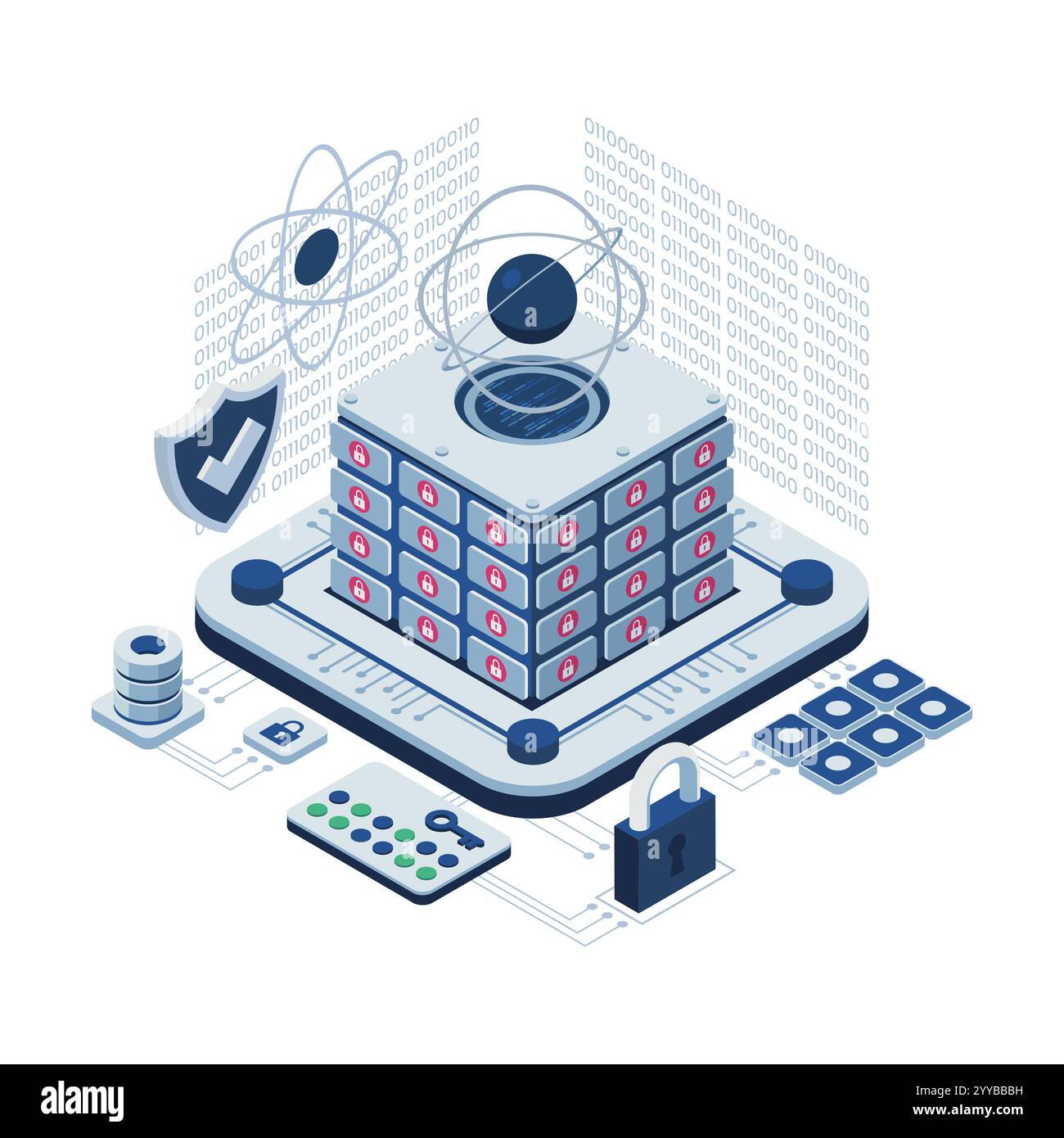 Cryptage isométrique résistant aux quantiques avec un serveur central sécurisé et des éléments de technologie Quantum. Concept de chiffrement résistant aux quantiques Illustration de Vecteur