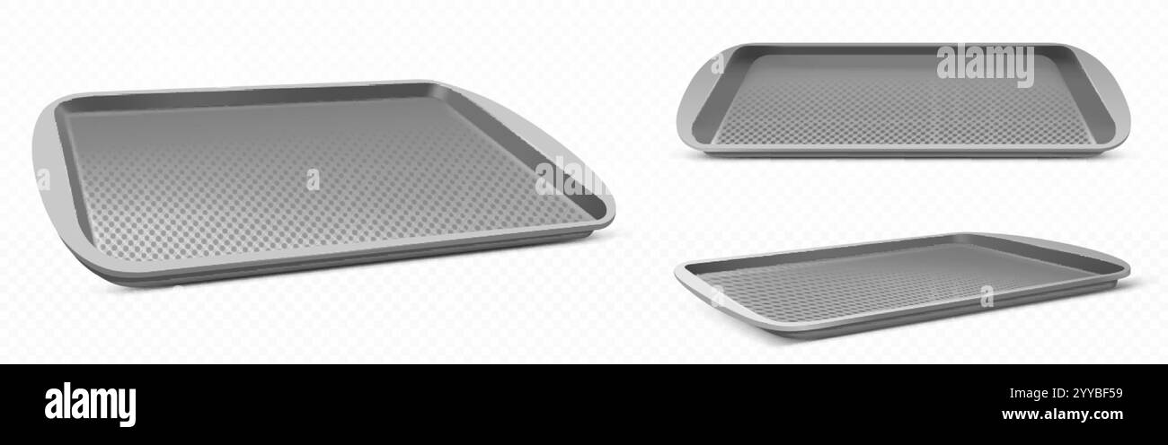 Maquettes de plateau alimentaire isolées sur fond transparent. Illustration réaliste de vecteur de récipient gris plat en plastique pour servir le repas à l'école Cant Illustration de Vecteur