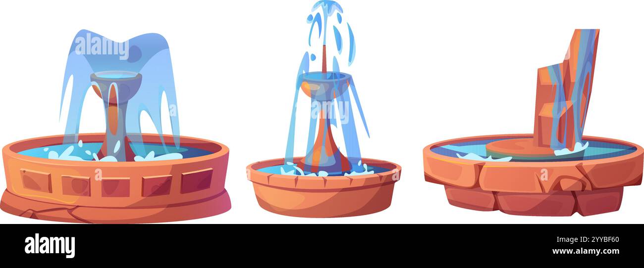 Fontaines ensemble isolé sur fond blanc. Illustration vectorielle de dessins animés d'éléments de conception de paysage de ville, bassin en pierre rond avec des gicleurs d'eau, pu Illustration de Vecteur