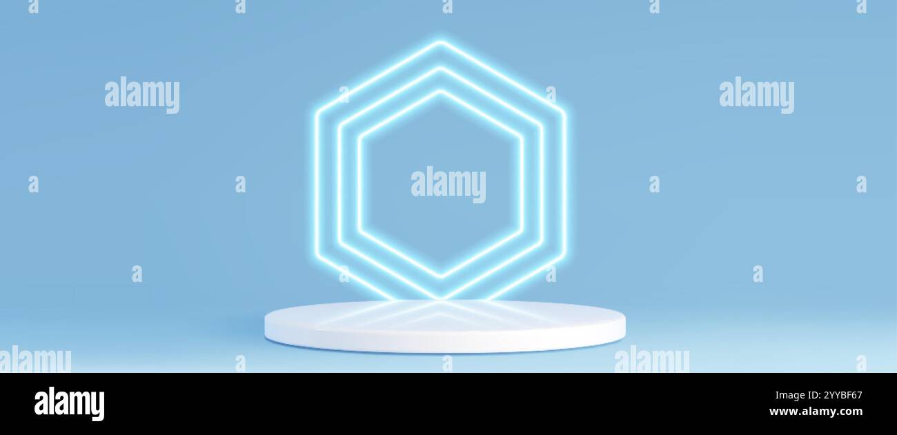 Scène circulaire blanche avec des formes hexagonales bleu néon dans un intérieur de studio bleu clair. Cadre géométrique incandescent emboîté avec podium cylindrique pour pr. Médical Illustration de Vecteur