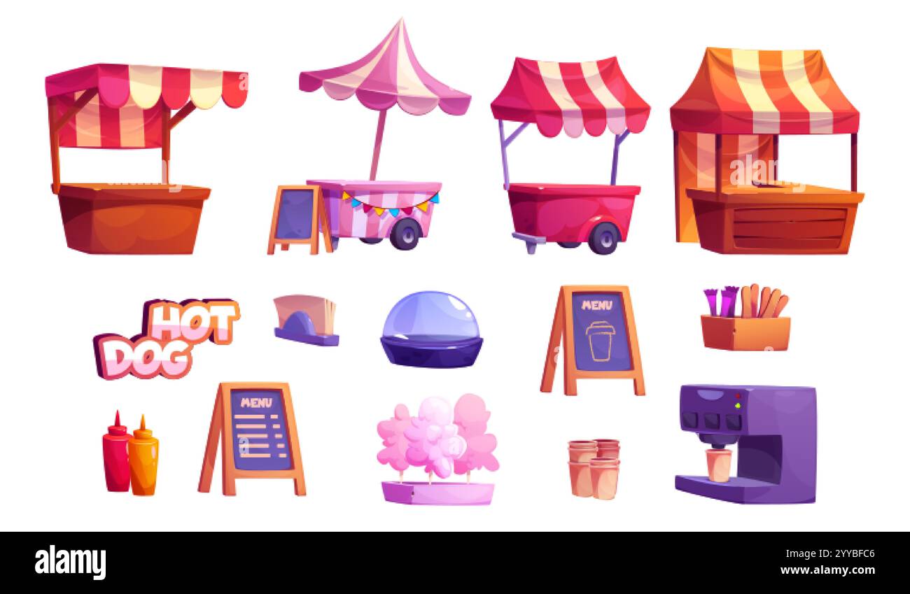 Stands de marché de nourriture de rue et ensemble d'équipement - chariots à auvent rayés, kiosques portables, panneaux de hot-dog, bouteilles de condiment, tableaux de menu, barbe à papa, co Illustration de Vecteur