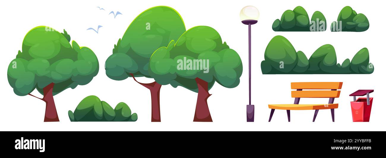 Collection d'éléments de parc public de la ville - arbres verts luxuriants avec des troncs bruns, des buissons, lampadaire, banc en bois et poubelle rouge. Objets de la nature an Illustration de Vecteur