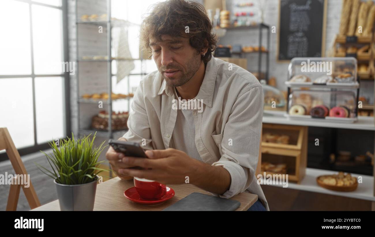 Jeune homme assis à l'intérieur dans une boulangerie à l'aide d'un smartphone avec une tasse à café sur la table, entouré de pâtisseries et d'une plante, créant un environnement confortable et concentré Banque D'Images