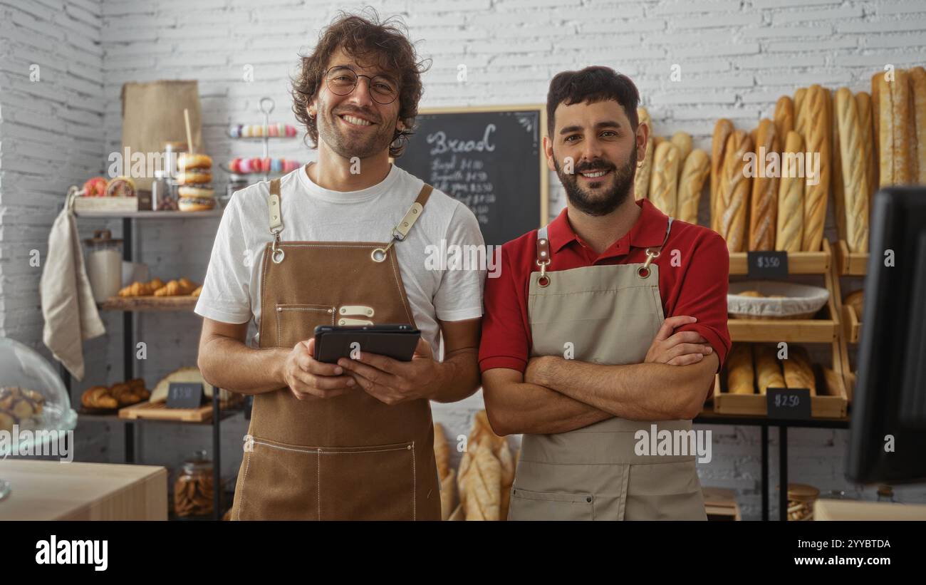 Deux hommes souriants dans des tabliers se tiennent à l'intérieur d'une boulangerie confortable avec une variété de pain et de pâtisseries sur l'affichage, reflétant une atmosphère accueillante et professionnelle Banque D'Images