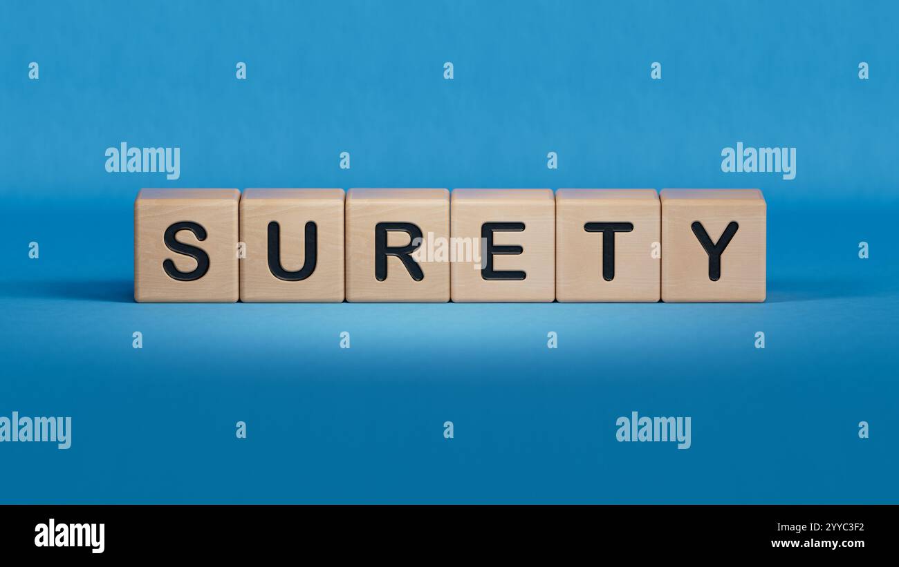 Bloc de cube en bois avec CAUTIONNEMENT business Word.Close up des éléments en bois, Business concept.3D rendu sur fond bleu. Banque D'Images