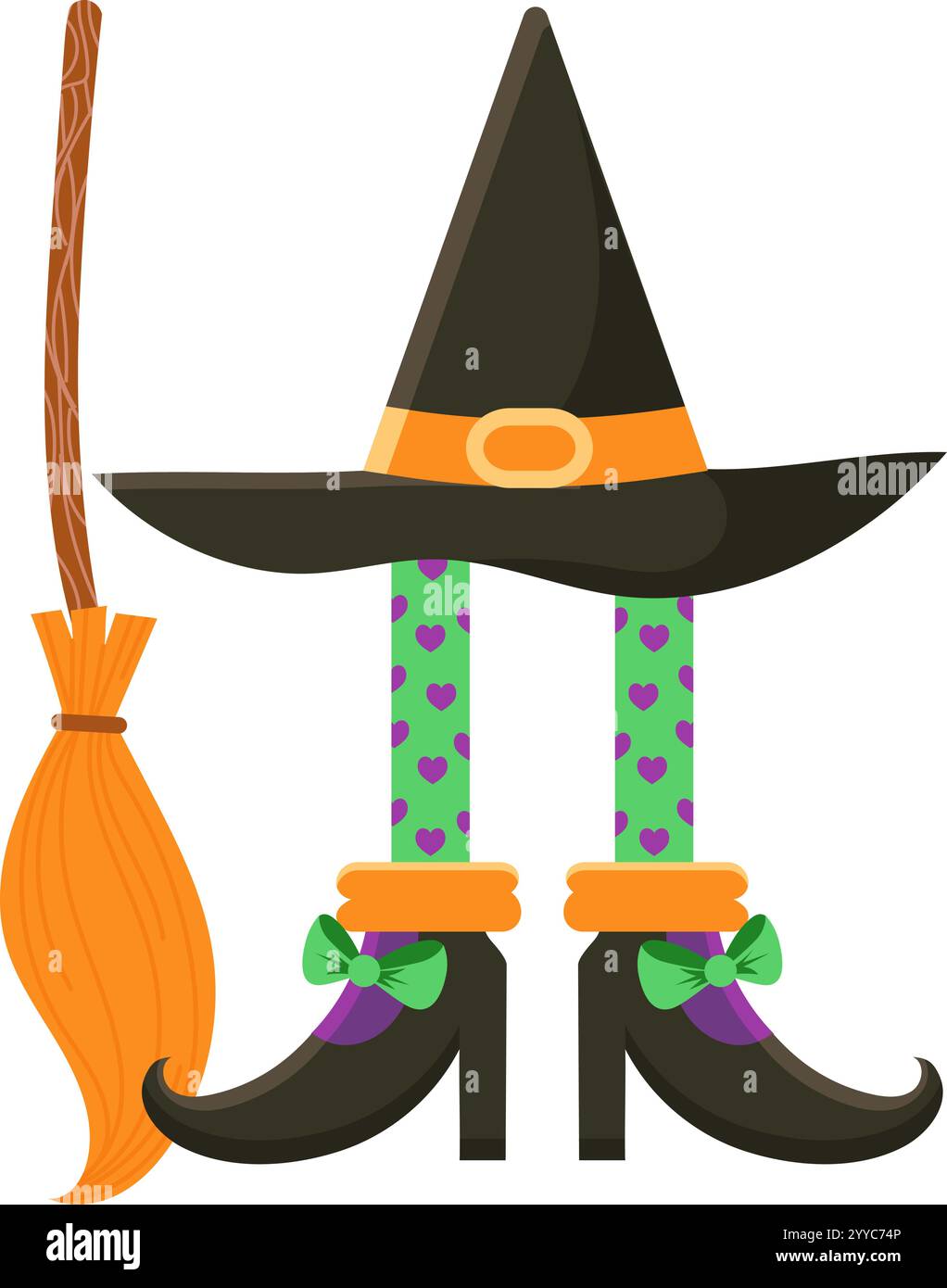 Jambes de sorcière portant des collants verts avec des coeurs violets et élégantes chaussures noires avec des détails violets et un noeud vert, avec un chapeau de sorcière orange et un balai Illustration de Vecteur