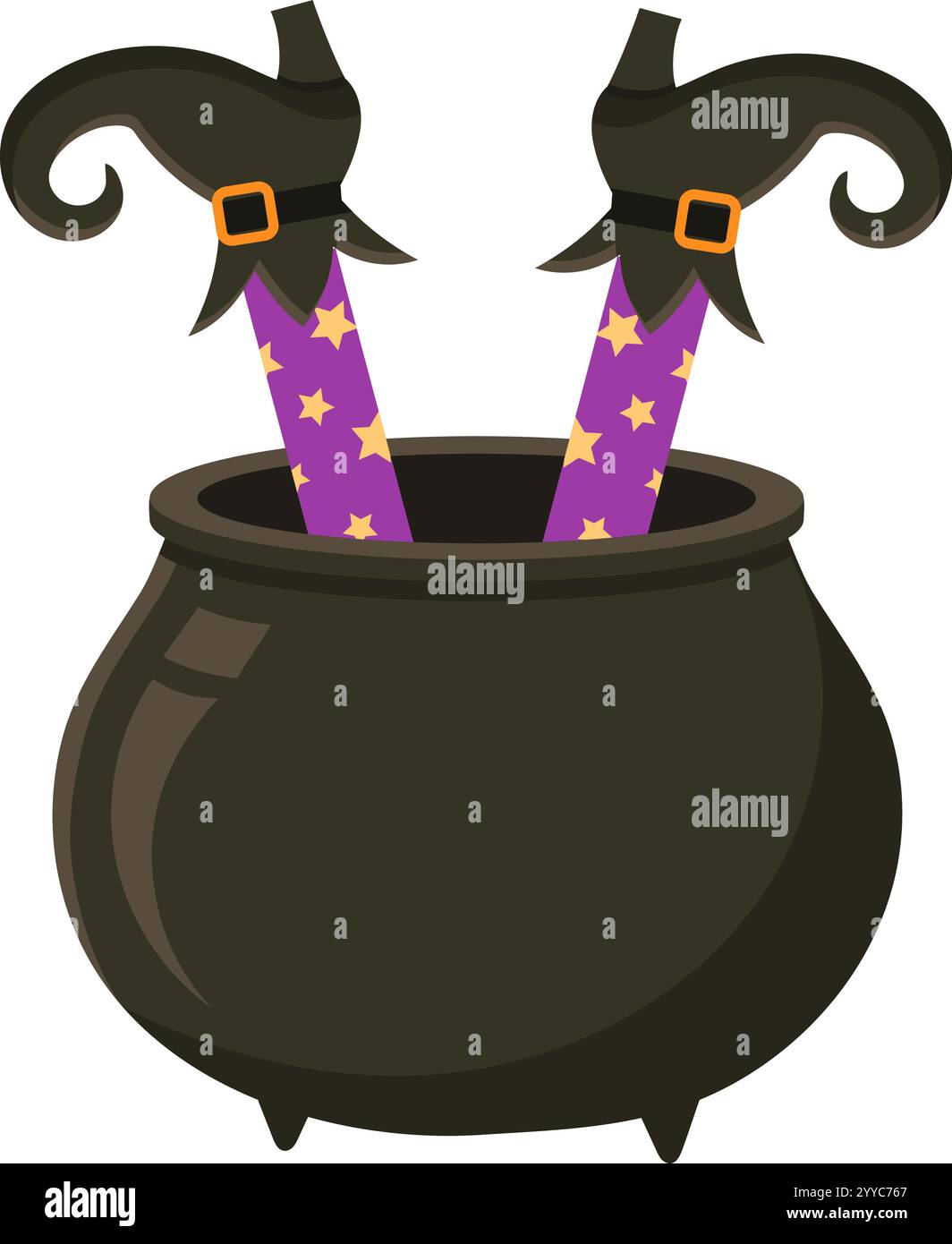 Les jambes de sorcière ornées de bas violets et d'étoiles dorées étincelantes sont ludiques à l'envers à l'intérieur d'un chaudron noir, capturant un fantaisiste et effrayant Illustration de Vecteur