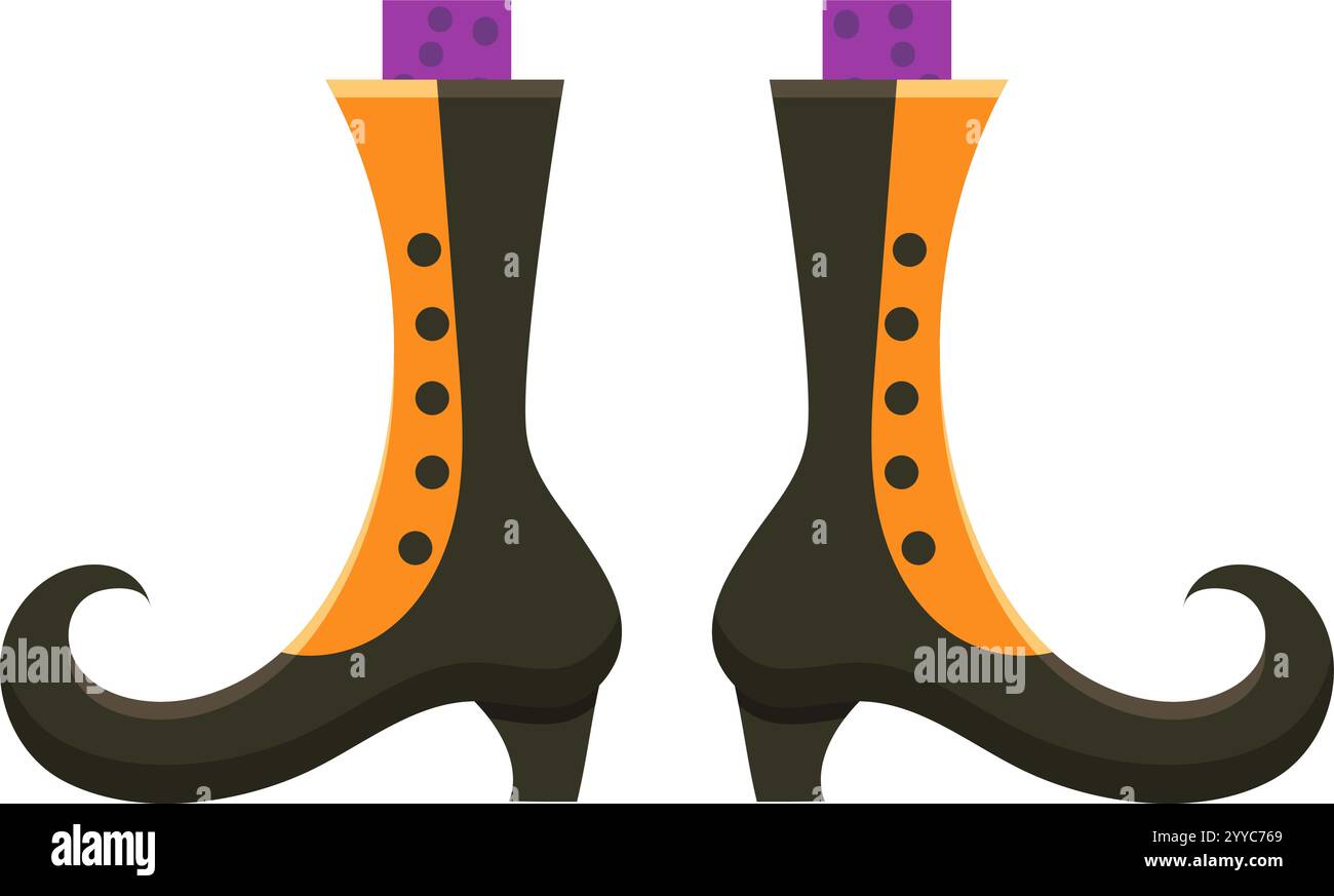 Les bottes de sorcière aux orteils recourbés, noires avec des rayures orange et des chaussettes violettes, sont prêtes pour la fête d'halloween, apportant une touche de magie et de mystère Illustration de Vecteur