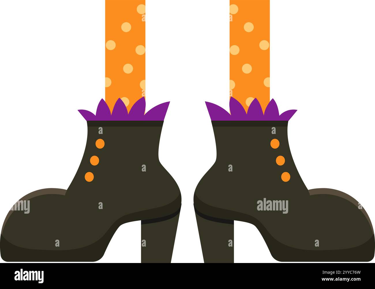 Jambes de sorcière portant des bottes noires avec des volants violets et des collants orange avec des pois, célébrant la fête d'halloween, illustration vectorielle isolée sur whit Illustration de Vecteur