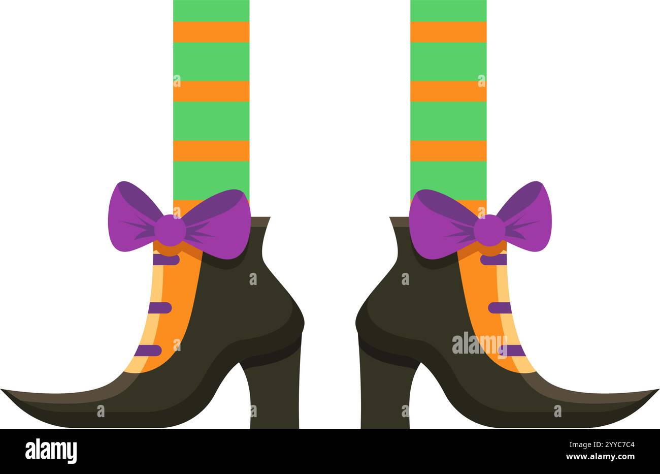 Les jambes de sorcière portant des bas rayés verts et orange et des chaussures noires élégantes avec des noeuds violets sont un ajout amusant et effrayant à toute célébration d'Halloween Illustration de Vecteur