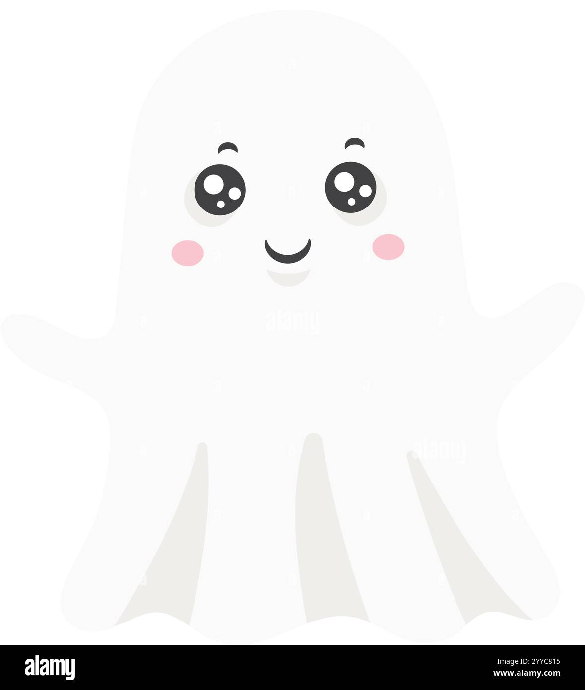 Adorable fantôme de dessin animé avec de grands yeux noirs et des joues roses roses roses, souriant et ondulant joyeusement, ajoutant une touche ludique aux projets d'Halloween et Illustration de Vecteur