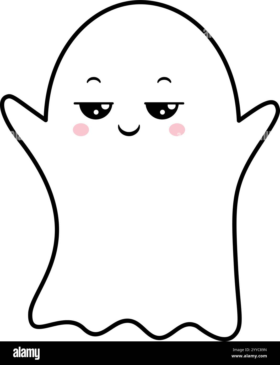Adorable, fantôme souriant flottant avec les bras levés, illustration de dessin animé simple avec des contours noirs épais et des joues roses, parfait pour Halloween ou spo Illustration de Vecteur