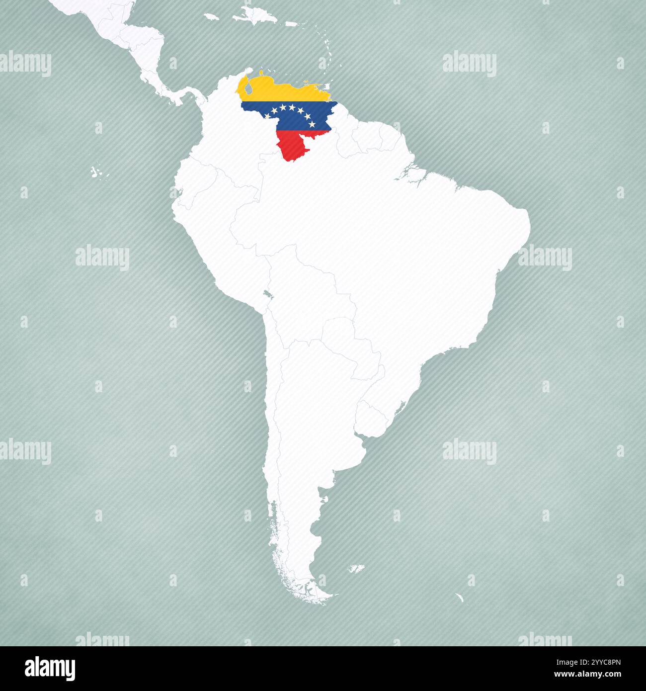 Venezuela coloré avec le drapeau sur la carte de l'Amérique du Sud avec un fond vintage légèrement rayé. Banque D'Images