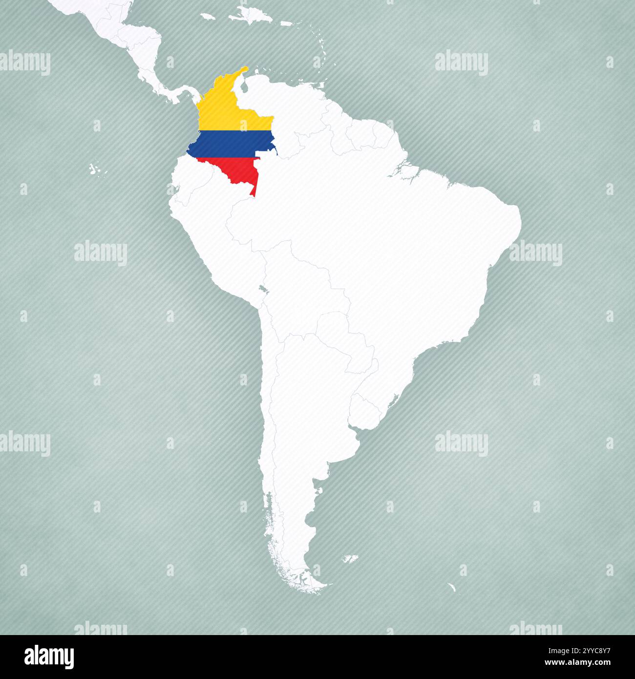 Colombie colorée avec le drapeau sur la carte de l'Amérique du Sud avec un fond vintage légèrement rayé. Banque D'Images