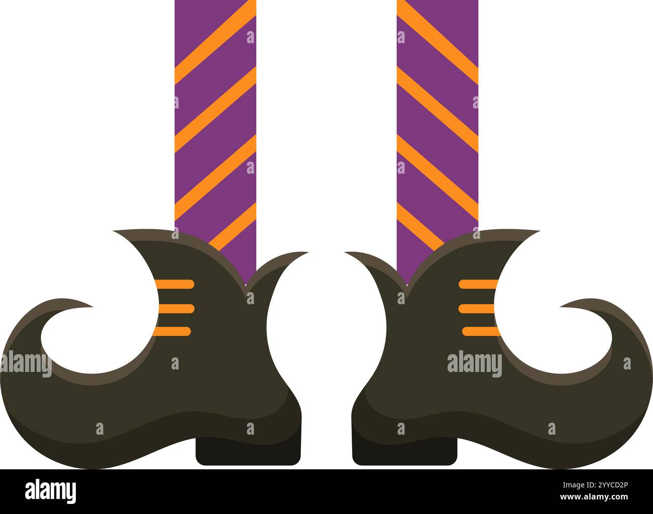 Jambes de sorcière avec des bas rayés violets et orange et des chaussures pointues noires portant pour la fête d'halloween, illustration vectorielle colorée dans le dessin animé plat Illustration de Vecteur