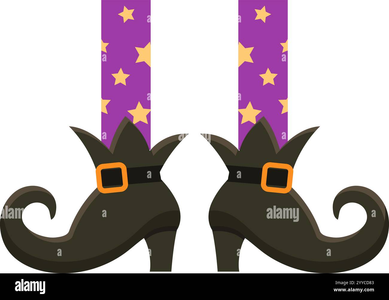 Jambes de sorcière ornées de bas violets ornés d'étoiles dorées, complétées par des chaussures classiques avec des orteils recourbés et une boucle orange, parfaites pour Illustration de Vecteur
