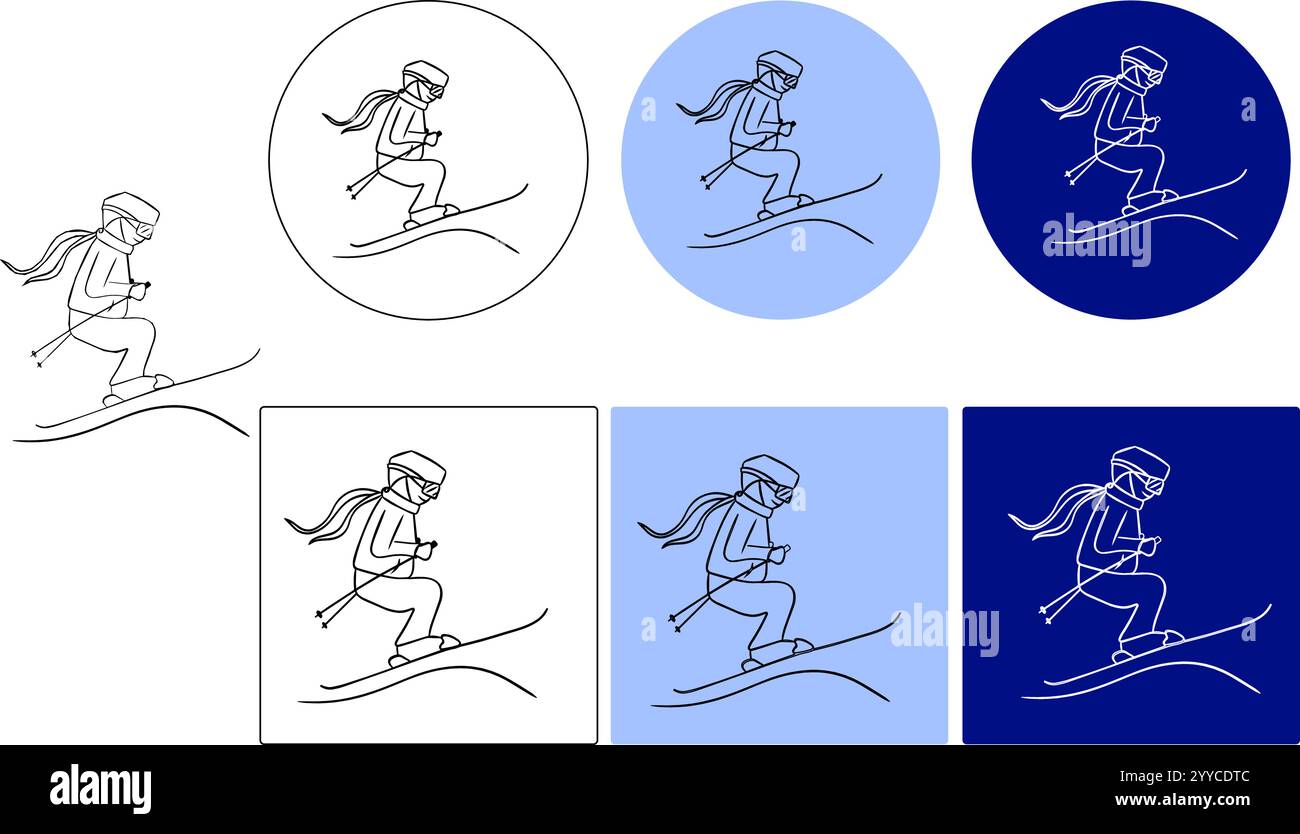 Logo de ligne graphique de vecteur de ski Jumper, concept de sport d'hiver, signe de silhouette de saut de ski sur fond blanc et coloré, icône de saut de tremplin dans Gly Illustration de Vecteur