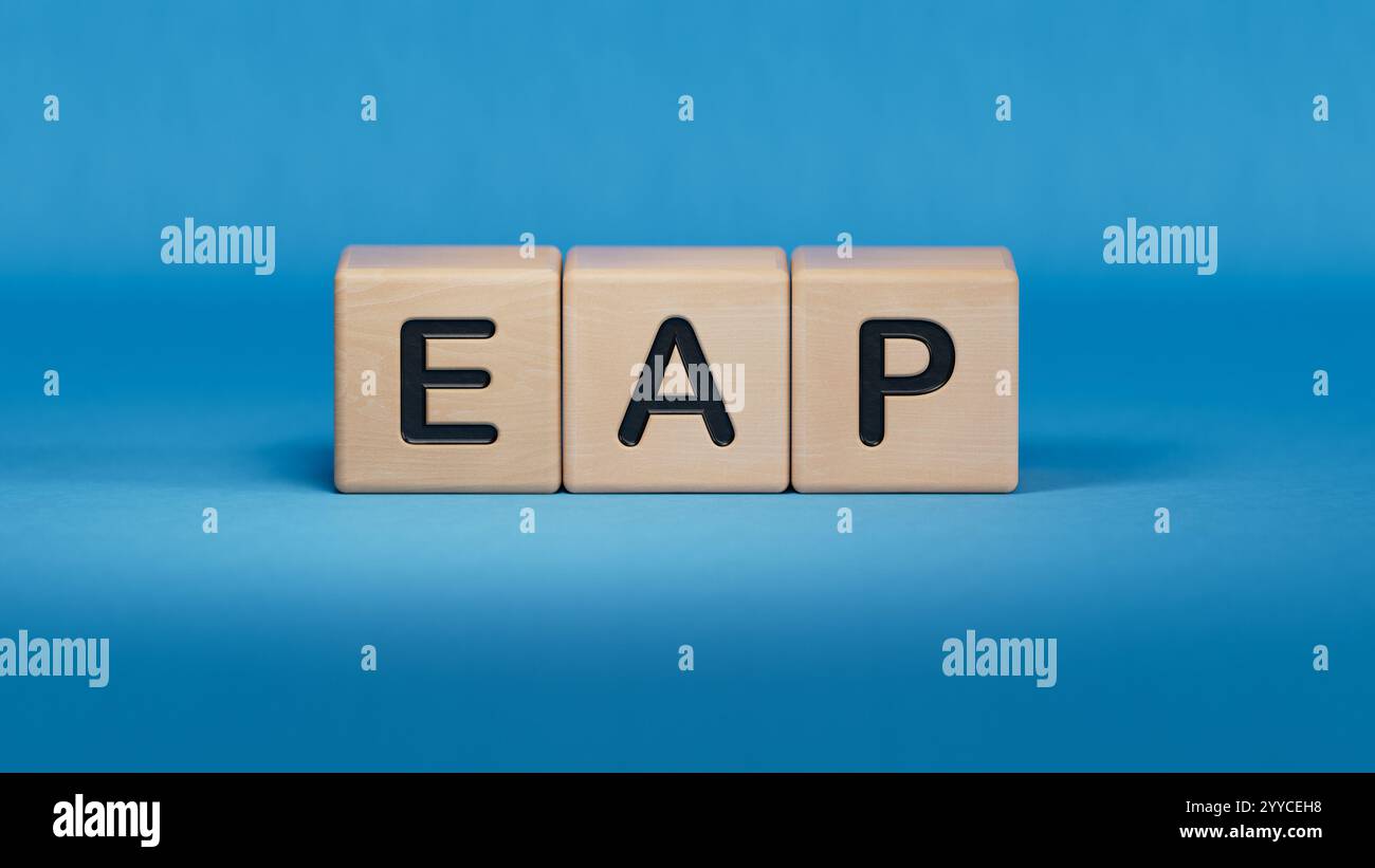Questions et réponses eap sur les cubes en bois.Close up des éléments en bois,Business concept.3D rendu sur fond bleu. Banque D'Images