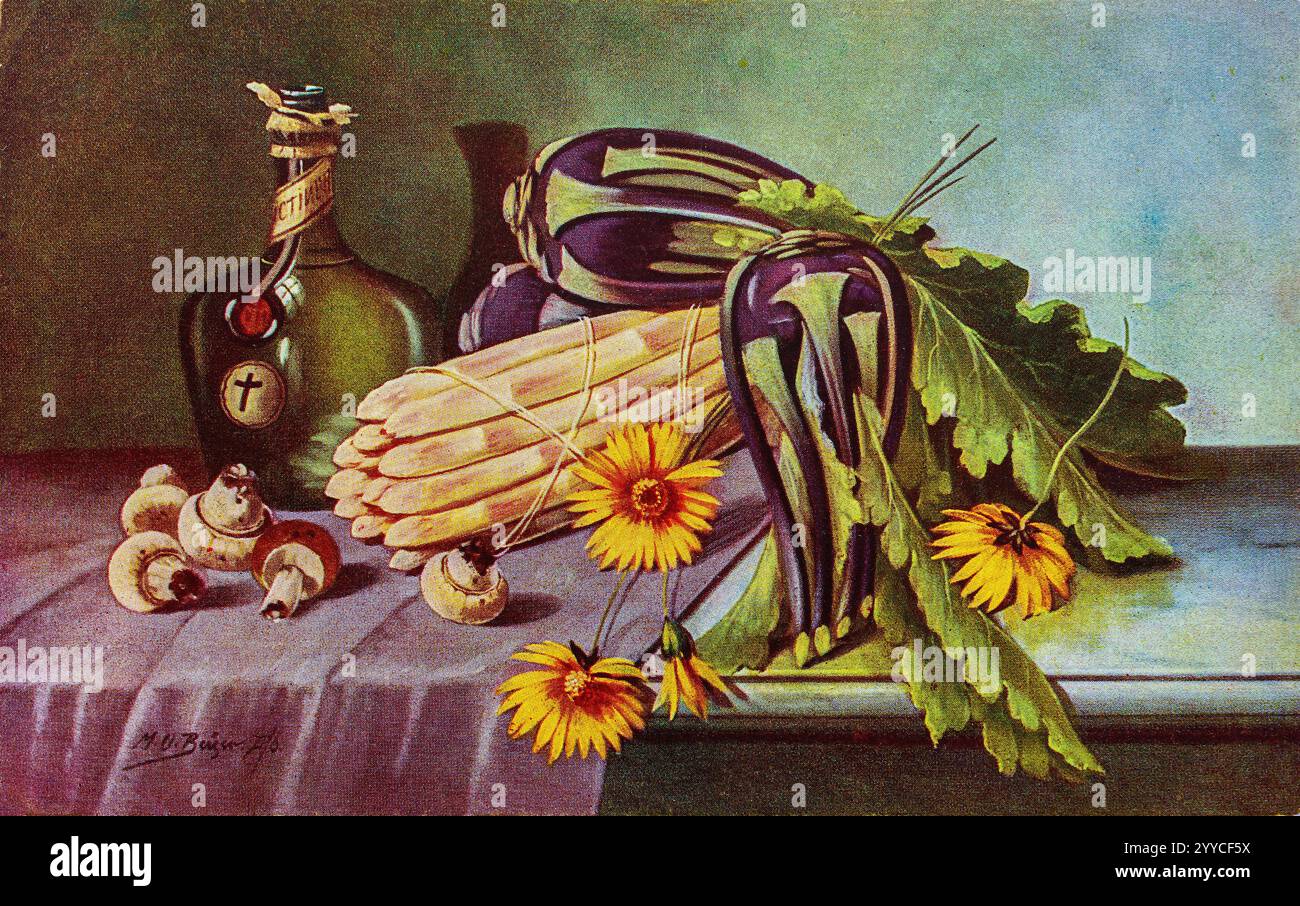 Carte postale vintage 1910-1920 avec peinture de nature morte d'un bouquet d'asperges blanches, cardons, champignons, quelques marguerites et une bouteille de vin. Banque D'Images
