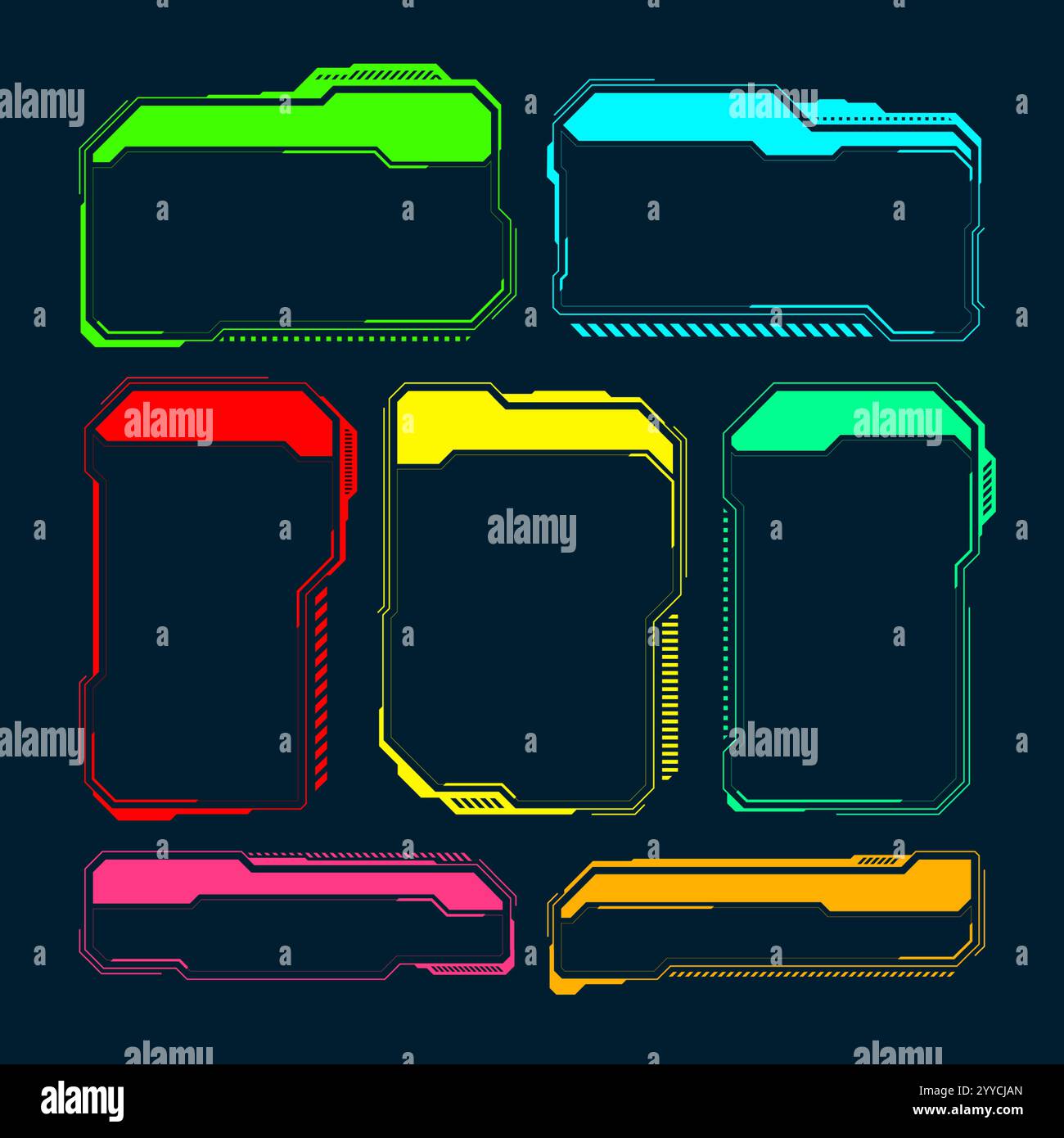 Éléments HUD ou UI futuristes. Zones de texte et légendes de l'interface utilisateur SCI-fi. Cadre de message d'avertissement coloré, modèle de boîtes d'information. Jeu moderne Illustration de Vecteur