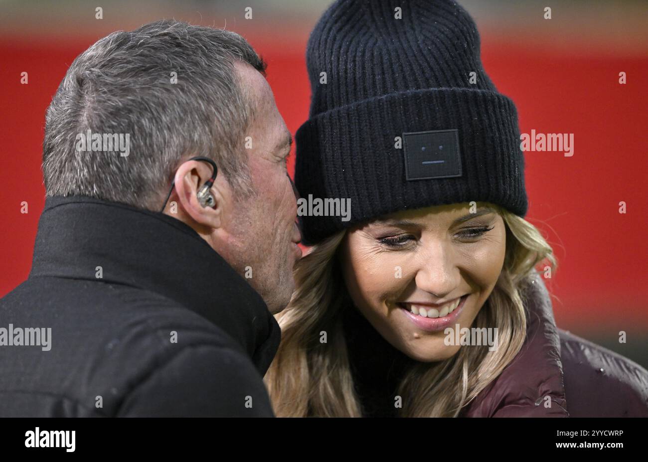 Lothar Matthaeus, expert RTL TV, portrait, en discussion avec Laura Papendick, journaliste présentatrice, sourires, UEFA Conference League, Voith-Arena, Heidenhe Banque D'Images
