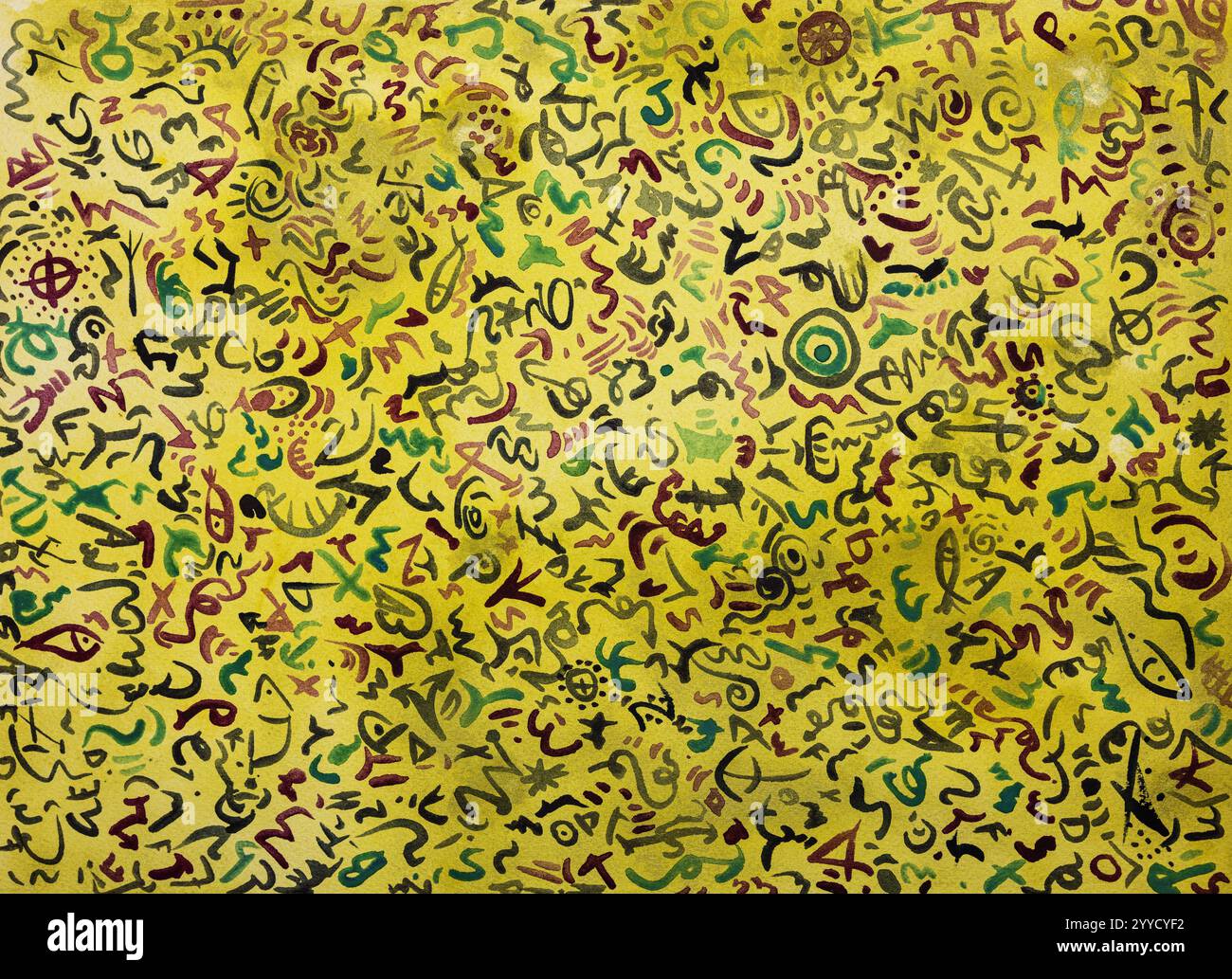 Écriture Asemic, travail de caligraphie abstraite coloré. La technique de tamponnage près des bords donne un effet de flou dû à la rugosité de surface modifiée Banque D'Images Écriture Asemic, travail de caligraphie abstraite coloré. La technique de tamponnage près des bords donne un effet de flou dû à la rugosité de surface modifiée Banque D'Images