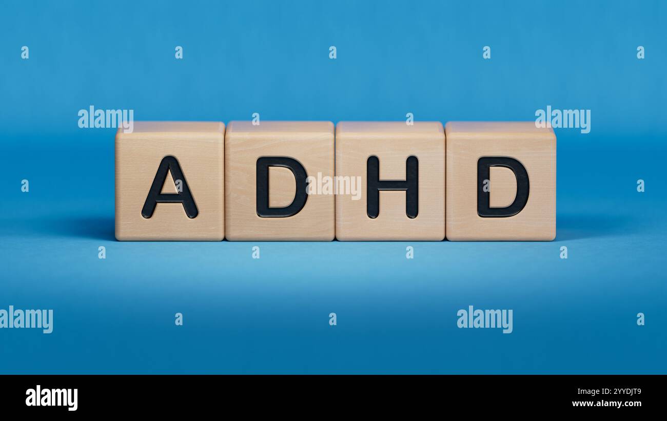 le mot adhd est fait de bois. conception médicale du traitement, de la prévention et des effets secondaires. tdah - abréviation de syndrome d'hyperactivité avec déficit de l'attention. Banque D'Images