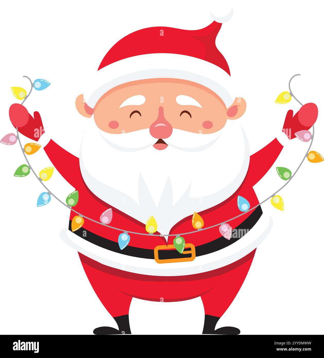 Le Père Noël, portant son costume rouge traditionnel, tient joyeusement des lumières de Noël colorées, se préparant pour les festivités du réveillon de Noël avec une joie Illustration de Vecteur