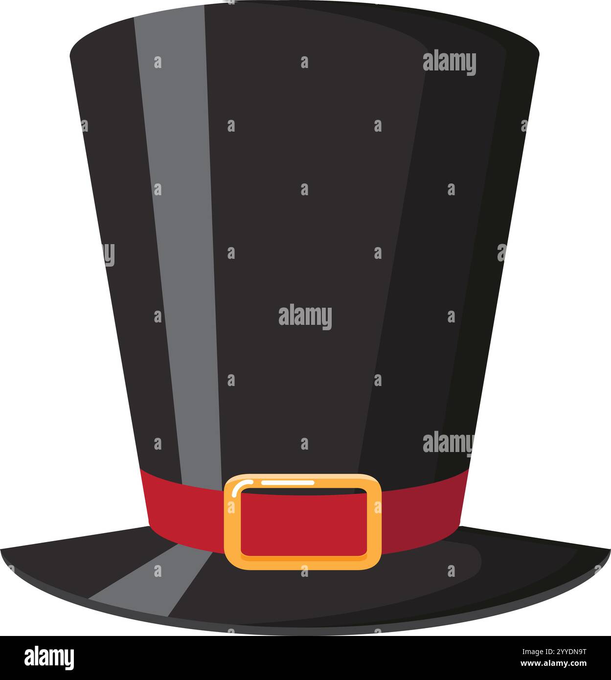 Chapeau haut de gamme noir classique avec ruban rouge et boucle dorée debout sur un fond blanc, parfait pour représenter la mode victorienne, historique Illustration de Vecteur