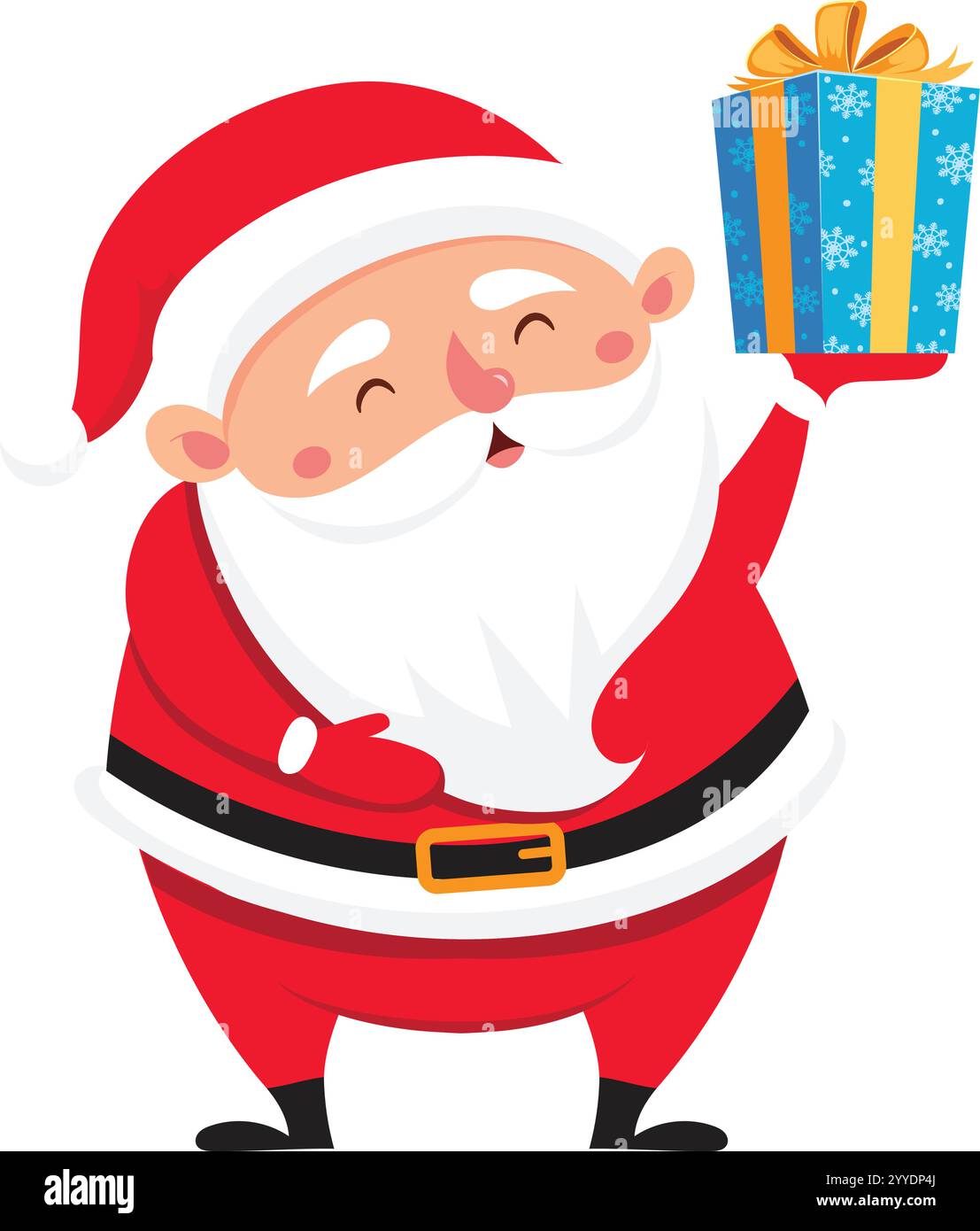 Le Père Noël portant un costume rouge avec une ceinture noire et une fourrure blanche tient un cadeau de Noël, décoré de flocons de neige et d'un ruban doré tout en souriant Illustration de Vecteur