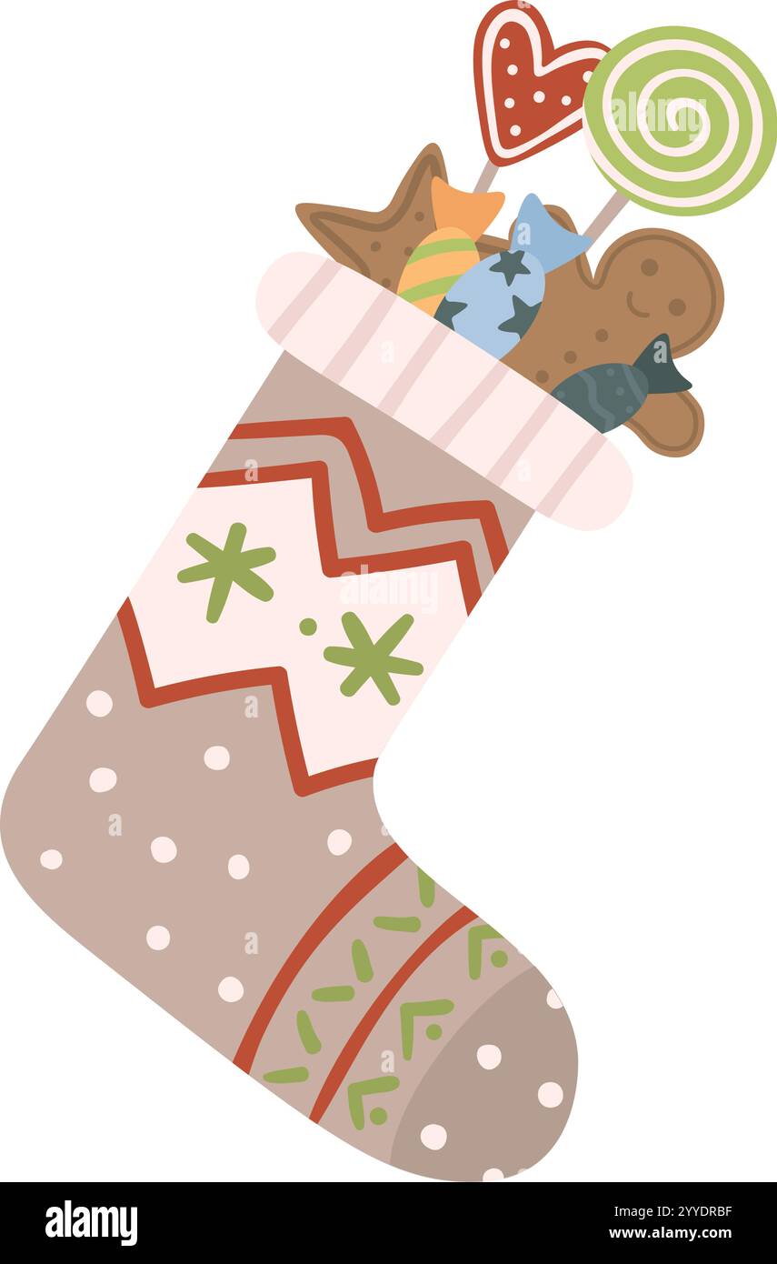 Bas de Noël plein de bonbons et de bonbons célébrant la veille de Noël avec bonbons en pain d'épice, cannes de bonbon, sucette et biscuits en forme d'étoile Illustration de Vecteur