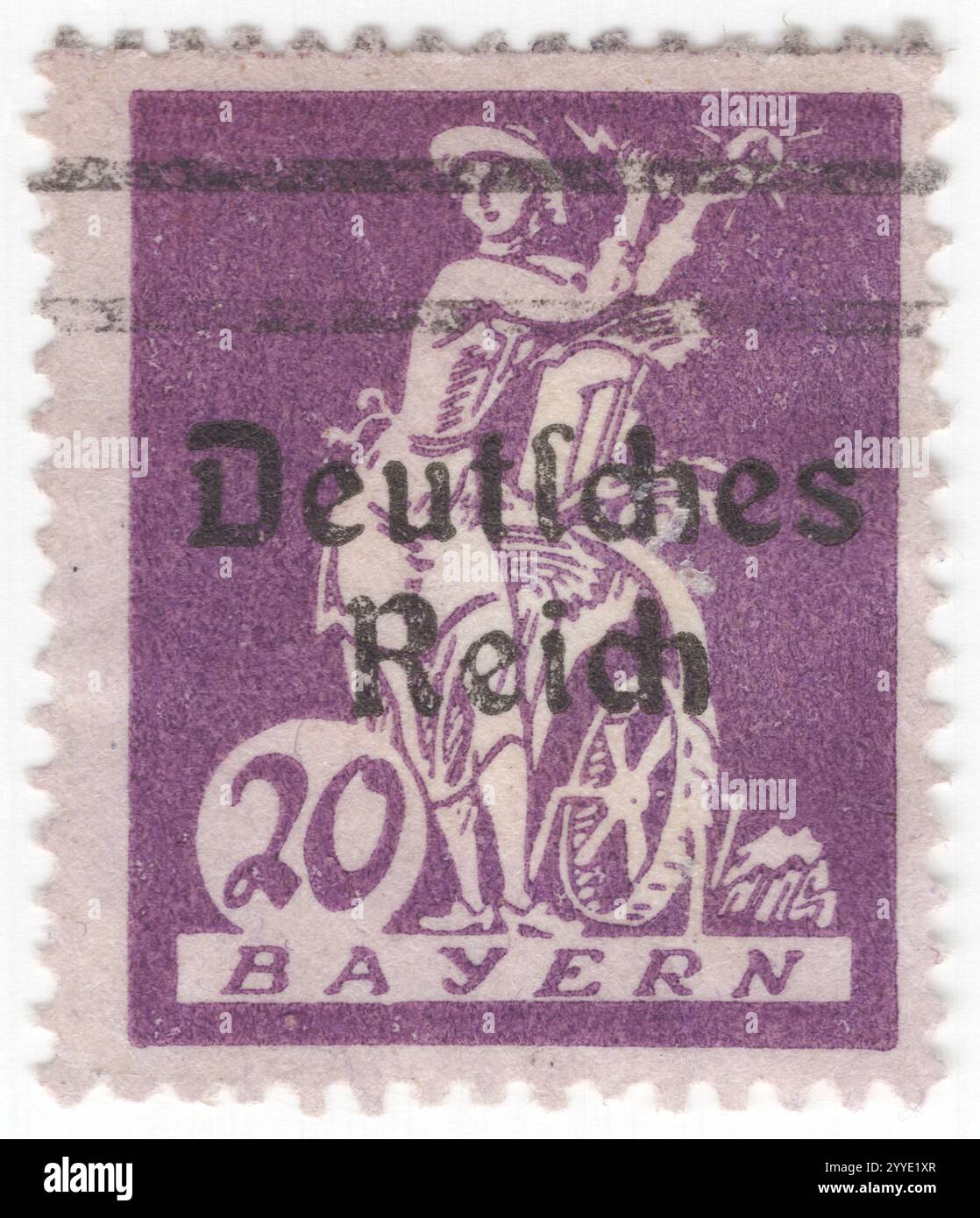 BAVIÈRE — 1920 avril 2006 : timbre-poste violet à 20 pfennig représentant l'allégorie nationale "électricité". Harnachement de la lumière à une roue à eau, surimprimé « Deutsches Reich ». Une roue à eau est une machine pour convertir l'énergie cinétique de l'eau qui coule ou tombe en formes utiles de puissance, souvent dans un moulin à eau. Une roue à eau se compose d'une grande roue avec de nombreuses lames ou godets fixés à la jante extérieure formant le mécanisme d'entraînement. Les barrages hydroélectriques modernes peuvent être considérés comme les descendants de la roue à eau, car eux aussi profitent du mouvement de l'eau en descente Banque D'Images