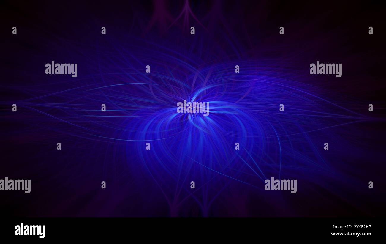 Ondulations bleues et violettes et motifs de traînées lumineuses tourbillonnantes ou fibres incandescentes sur fond noir. Fond abstrait, futuriste et psychédélique. Banque D'Images