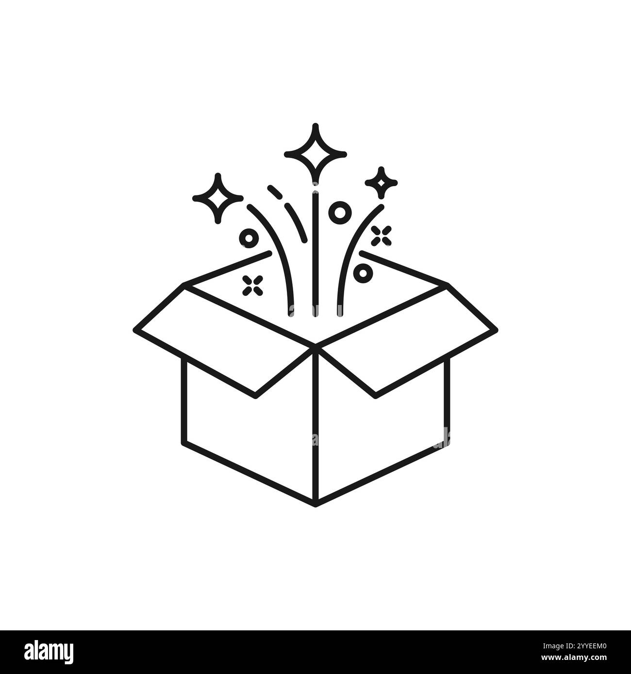 Icône de contour de boîte magique. signe de style linéaire pour le concept mobile et la conception web. Ouvrez la boîte-cadeau et l'icône vectorielle de ligne simple étoiles magiques. Symbole, logo illus Illustration de Vecteur