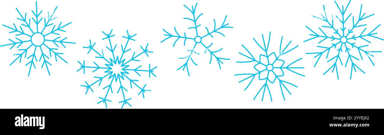 Motif flocon de neige bleu avec griffonnages dessinés à la main et ensemble de texture crayon. Fond de vacances d'hiver pour Noël et nouvel an. Illustration vectorielle plate Illustration de Vecteur