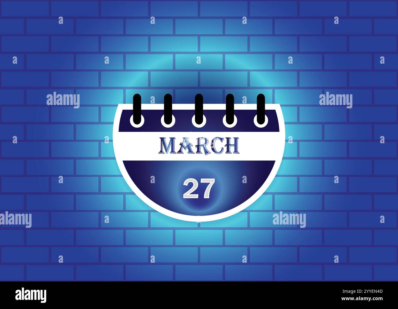 Mars 27 signe de calendrier sur fond de mur de briques néon bleu. Style plat. Date, jour et mois. Illustration vectorielle. Illustration de Vecteur