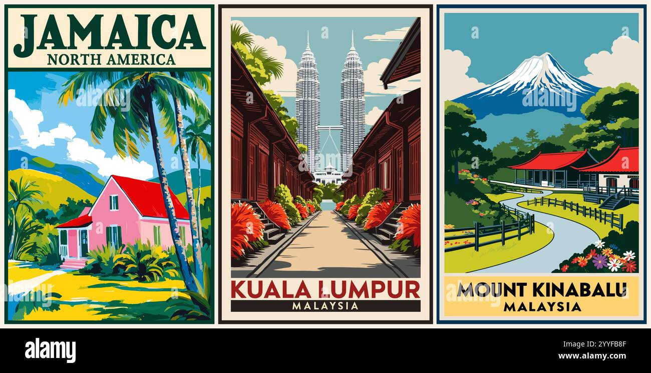 Ensemble d'affiches de destination de voyage dans un style rétro Illustration de Vecteur