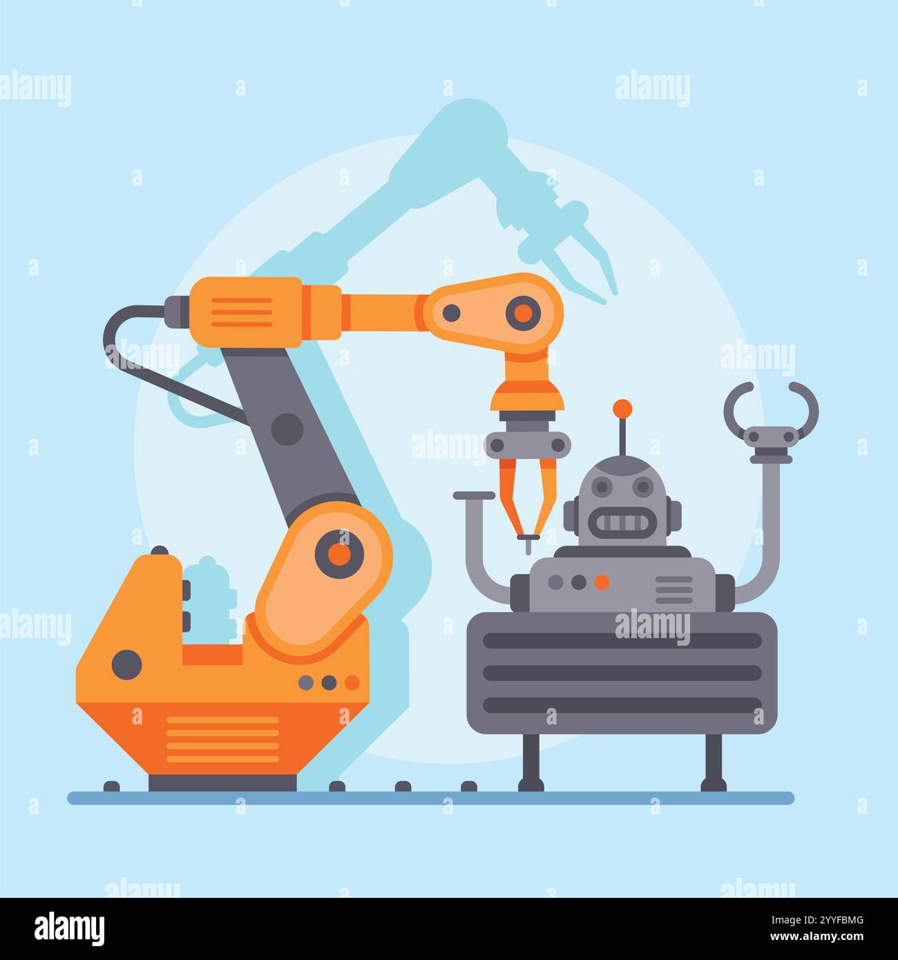 Bras robotique articulé construisant un autre robot drôle, tous deux debout sur une ligne de production à l'intérieur d'une usine moderne, avec un fond bleu clair et un Illustration de Vecteur