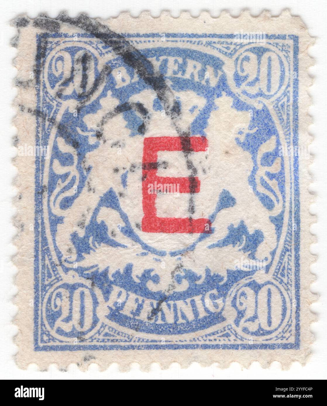 BAVIÈRE — 1er janvier 1908 : 20 pfennig ultramarine timbre officiel représentant des armoiries du Bayern en relief surimprimées 'E' à l'usage des fonctionnaires des chemins de fer. “E” signifie “Eisenbahn”. La Bavière était un Royaume dans le sud de l'Allemagne avec la capitale Munich, membre de la Confédération allemande et est devenue une partie de l'Empire allemand en 1870. Après la première Guerre mondiale, elle s'est déclarée république. Elle a perdu son autonomie postale sur Mar. 31, 1920 Banque D'Images