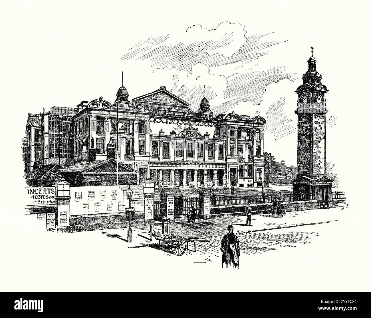 Une ancienne gravure du palais du premier peuple, Mile End Road, Tower Hamlets, Londres, Angleterre, Royaume-Uni à la fin des années 1800 Il est tiré d'un livre d'histoire victorienne de c.1900. Il a été ouvert en 1886/7 pour être source de formation et de loisirs. Il a été conçu par Edward Robert Robson et a été chauffé à l'eau chaude et éclairé au gaz. La bibliothèque octogonale pouvait contenir 250 000 livres. En 1889, Minnie James devient l'une des premières femmes à diriger une grande bibliothèque britannique. Elle comprenait les besoins de la classe ouvrière et ouvrait la bibliothèque le dimanche. Le bâtiment a été détruit par un incendie en 1931. Banque D'Images