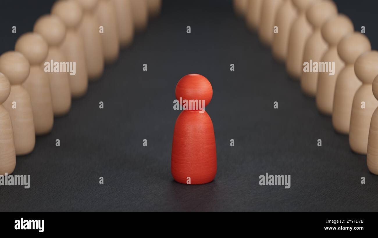 Illustration 3D de pions cassés et un protégé par une table ronde en bois. Concept de vaccination et d'immunisation. Rendu 3D sur fond noir. Banque D'Images