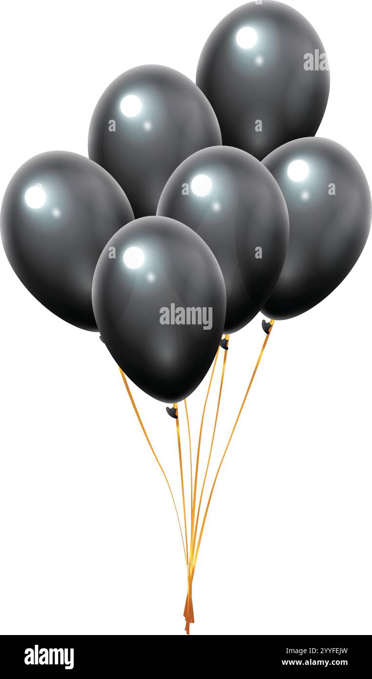 Six ballons noirs brillants flottant ensemble attachés avec des rubans d'or isolés sur un fond blanc, créant une atmosphère festive et élégante Illustration de Vecteur