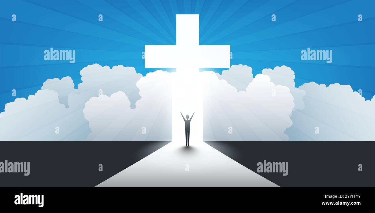 Symbole de Croix chrétienne avec rayons du soleil, nuages, homme debout - signe de crucifix, Pâques, pureté, foi, baptême, Saint-esprit, Evangélisation et Resurre Illustration de Vecteur