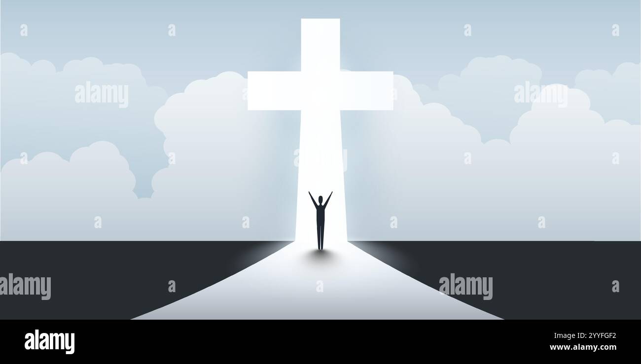 Symbole de Croix chrétienne avec homme debout, mains levées - signe de crucifix, Pâques, pureté, foi, baptême, Saint-esprit, Evangélisation et Resurrectio Illustration de Vecteur