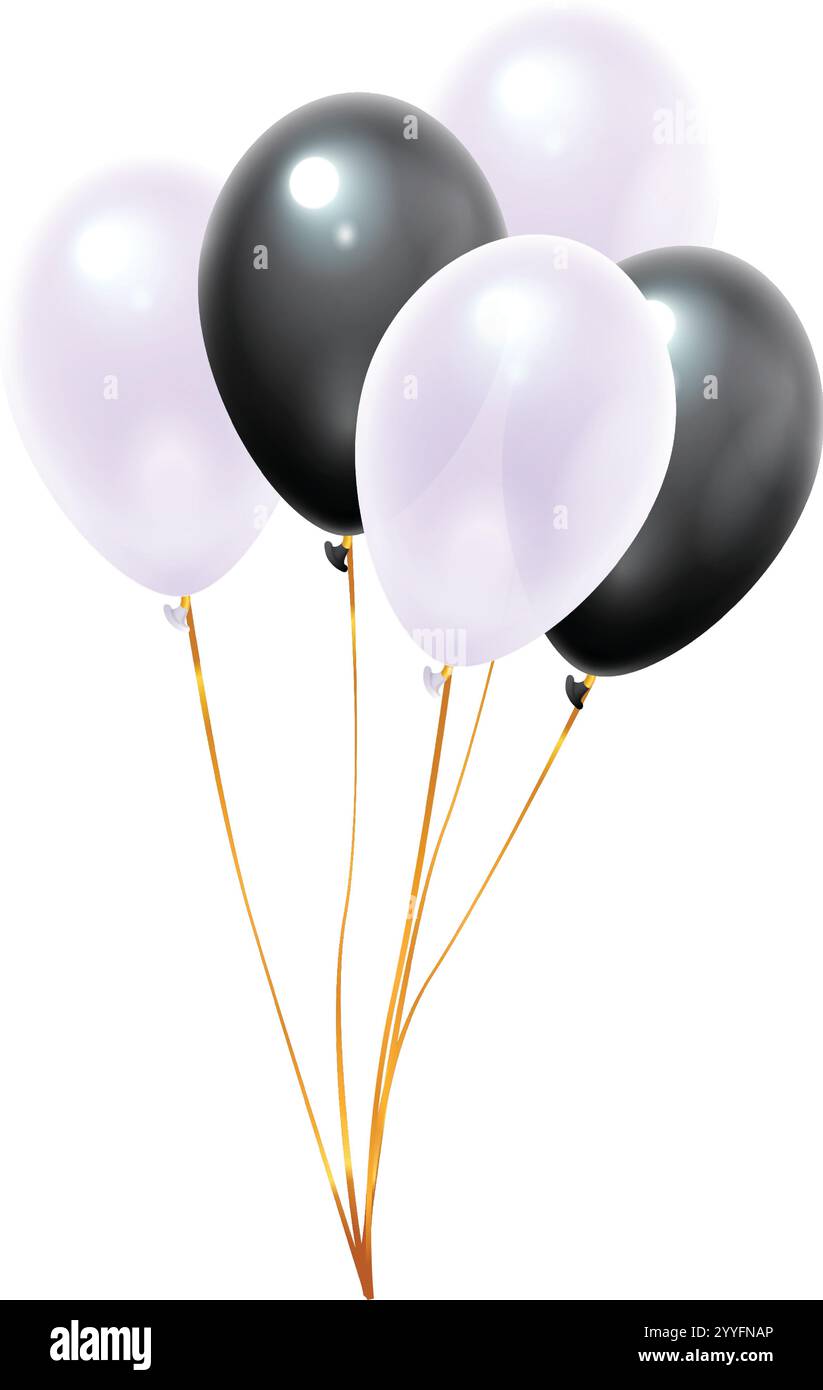 Bouquet de ballons gonflés noirs et blancs flottant gracieusement avec des rubans dorés chatoyants, créant une atmosphère festive pour une fête ou un anniversaire Illustration de Vecteur