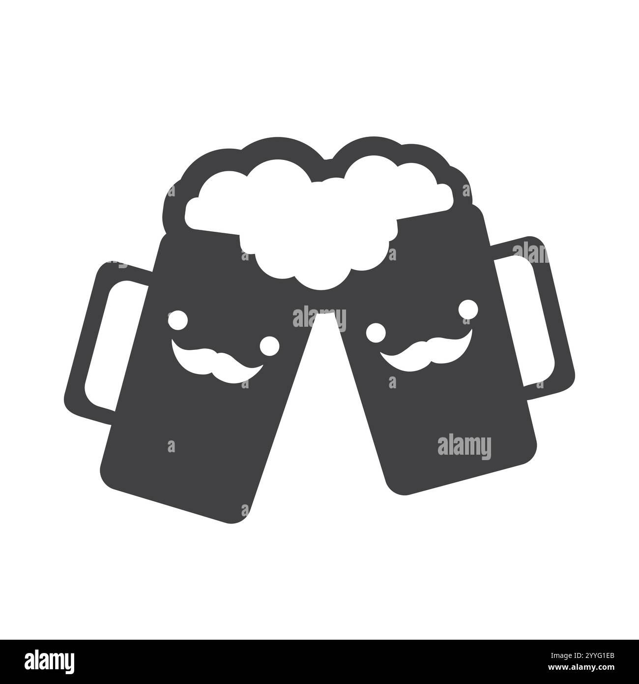 Flat Icon Design - deux tasses à bière noires avec des visages souriants masculins mignons remplis de boisson mousseuse - icône isolé sur fond blanc Illustration de Vecteur