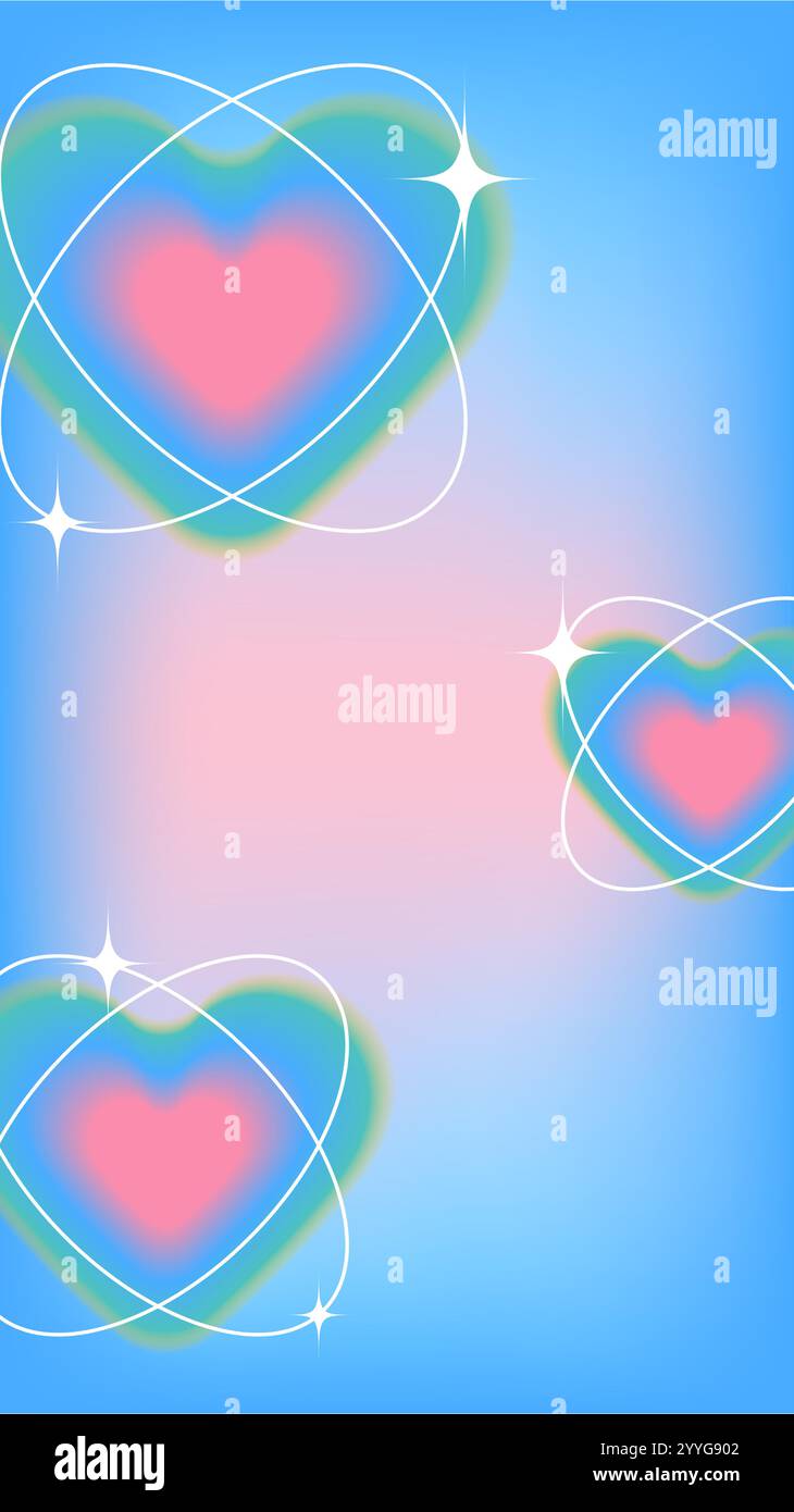 Coeurs roses entourés d'anneaux lumineux et de scintillants sur un fond bleu et rose dégradé. Modèle d'histoire de médias sociaux pour la Saint-Valentin et Romant Illustration de Vecteur