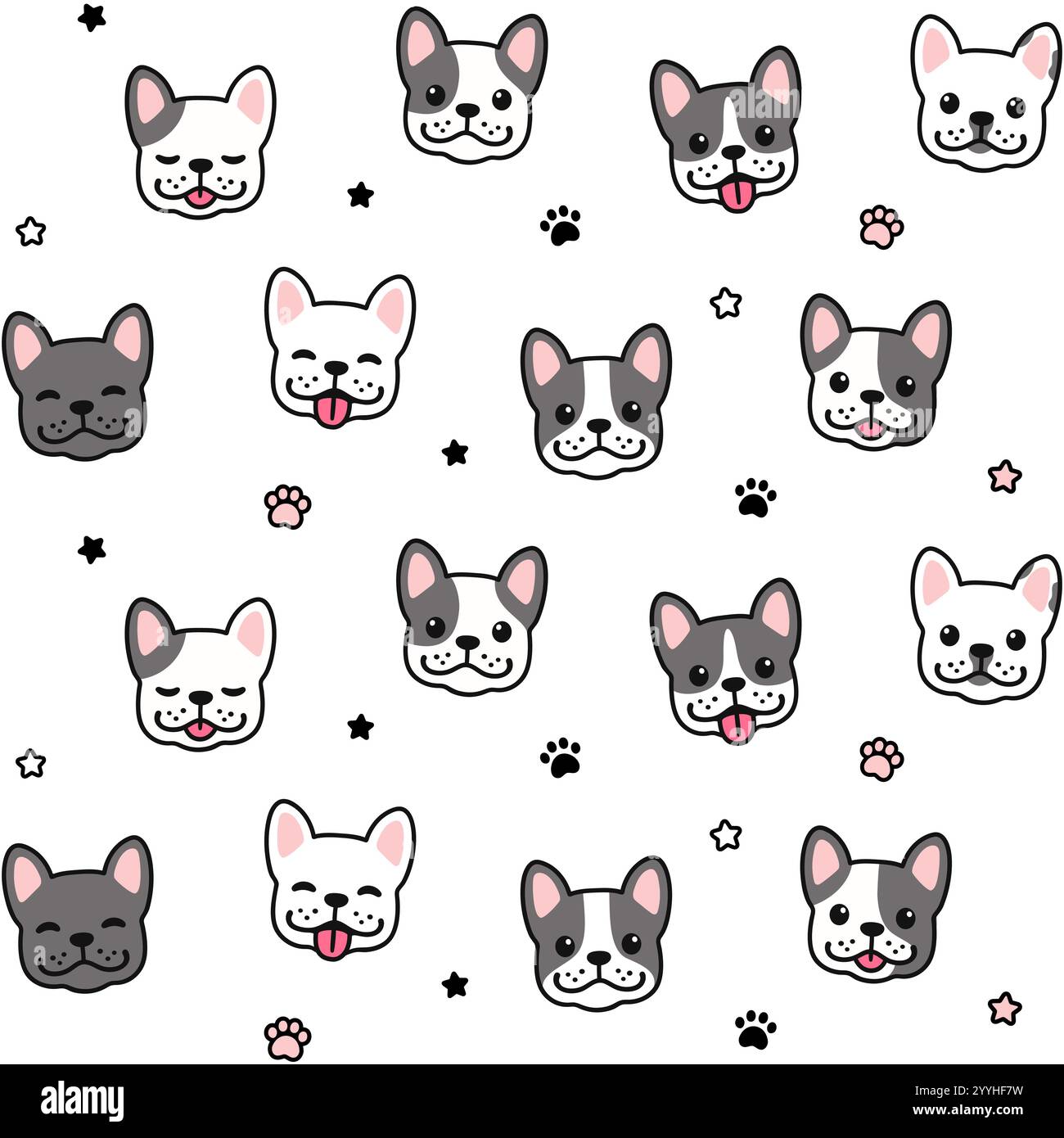 Mignon dessin animé French Bulldog faces motif sans couture. Chiots français dessinés à la main, pattes, étoiles. Illustration vectorielle simple de fond. Illustration de Vecteur